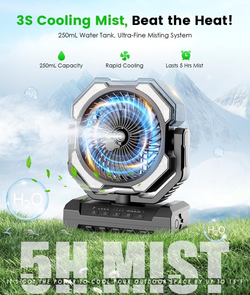 Aopircs Misting Fan - Portable Battery Powered Fans with 9oz Water Tank, Light, Hook - Rechargeable, 120H Cooling, Last 5H Mist, 4 Speed, Sleep Mode - Outdoor Fan, for Camping, Travel Essentials - Image 2